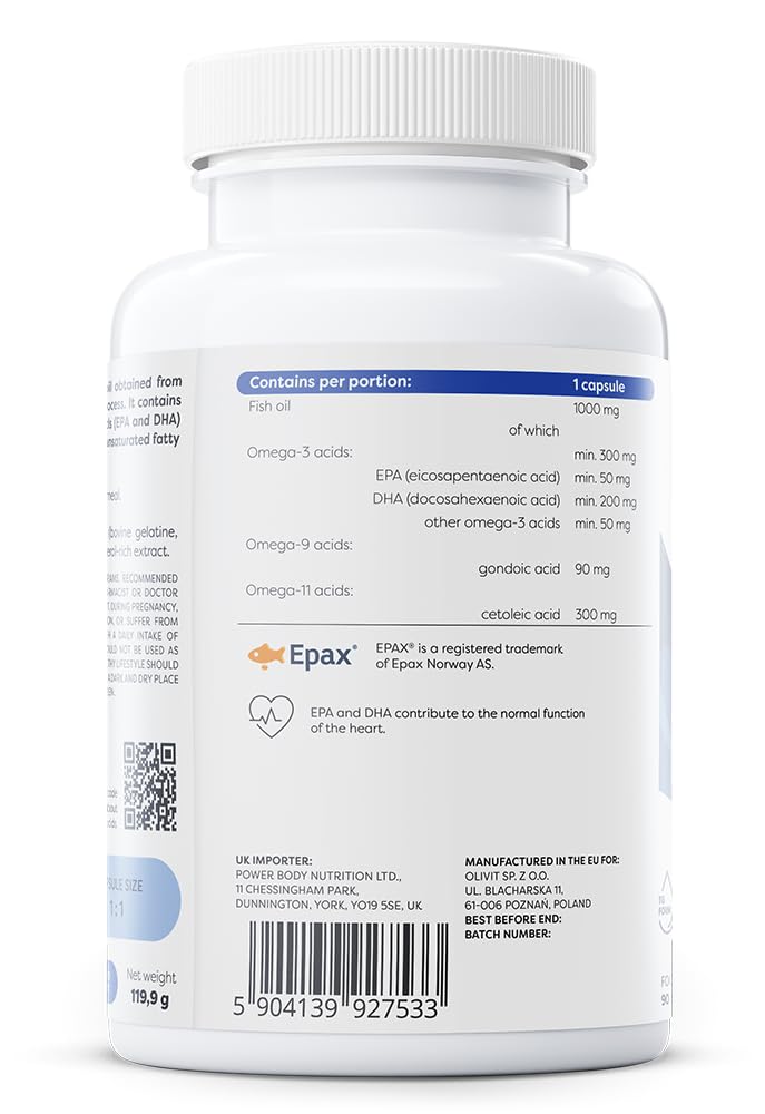 Osavi Super Omega 3-9-11 mit EPA und DHA, Hochwertiges EPAX Fischöl mit Gondolsäure und Cetolsäure, Unterstützung für Herz, Gehirn und Sehkraft, Nahrungsergänzungsmittel, 90 Softgel-Kapseln
