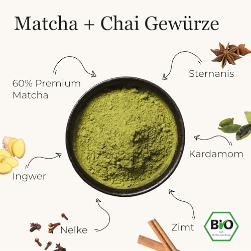Bio Chai Matcha+, Bio Premium Matcha (60%) mit Chai Gewürzen - perfekt als Latte, 80g