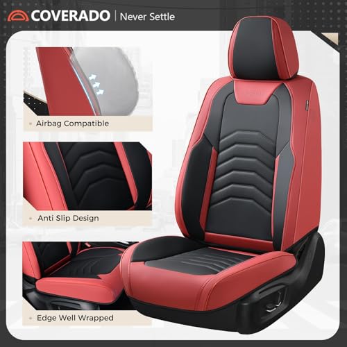 Image of Coverado Front Seat Covers for Cars, 2 Pack Faux Leather Car Seat Covers, Waterproof Automotive Seat Covers Driver Car Seat Protector Car Seat Cushion Universal Fit for Most Cars Trucks SUV, Red&Black