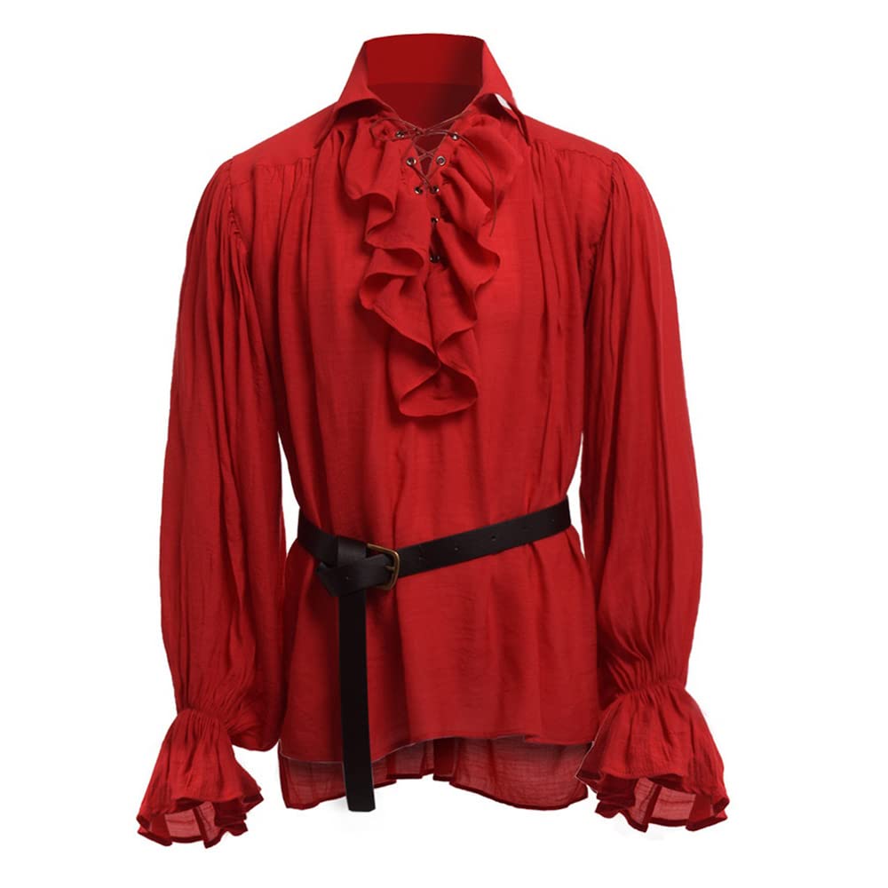 BaronHong Mens Pirate Shirt Vampire Renaissance Victorian Steampunk Gothic Ruffled Medieval Halloween Costume Clothing(red,S)