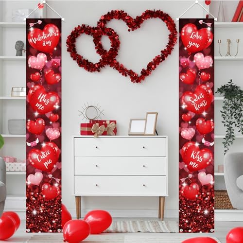MEHOFOND Red Heart Balloons Porch Banner Decorations Valentine's ...