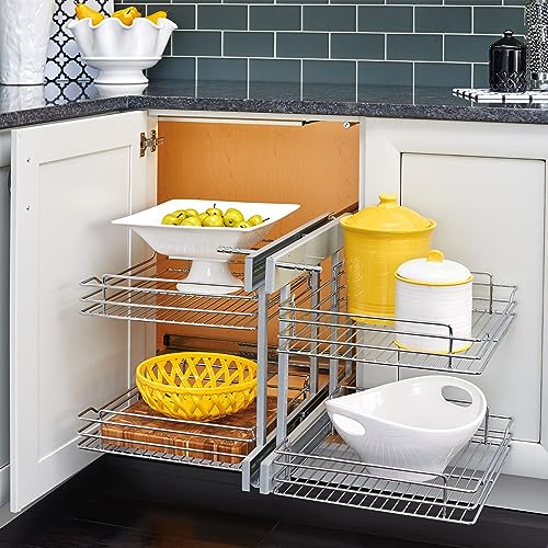 Image of Rev-A-Shelf Chrome Two-Tier Wire Bottom Pullout Organizer with Soft-Close for Blind Corner Base Kitchen Cabinets, Adjustable 4-Basket Storage System, Min Opening Width of 15 inch, 5PSP-15SC-CR