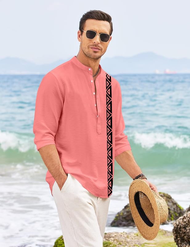 Image of FINIVO FASHION Men's Short Kurta with Printed Geometric Side Panel | Cotton Blend Full Sleeve Ethnic Topwear with Mandarin Collar | Stylish Indo-Fusion Kurta for Daily, Festive, or Casual Wear