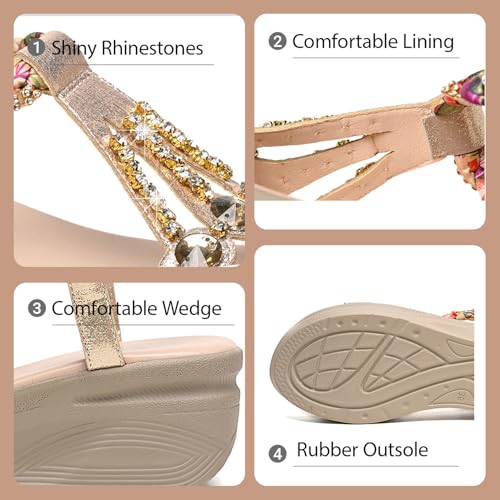 Women Rhinestone T Strap Wide Open Toe Platform Wedge Sandals With Elastic Ankle Strap Casual Summer Bling Sparkly Bohemia Comfortable Beach Walking Sandals4