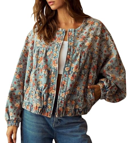 loveimgs Women Retro Floral Denim Jacket Long Sleeves Zip Up Jean Trucker Jackets Patchwork Collarless Jeans Coat Fall Pocket