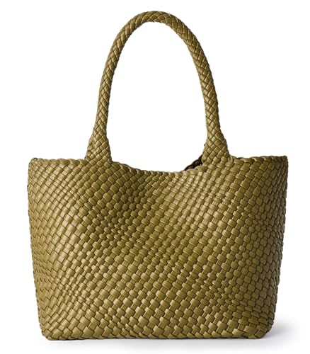JOTOFIT Woven Bag for Women, Fashion Top Handle Shoulder Bag Soft Vegan Leather Shopper Bag, Olive Green, One Size