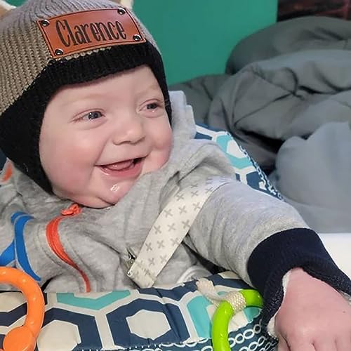 Personalized Baby Beanie Hat, Custom Kids Name Winter Warm Hats with Leather Patch Toddler Knit Double Pom Pom Flake Hats for Infant Gift Blue4