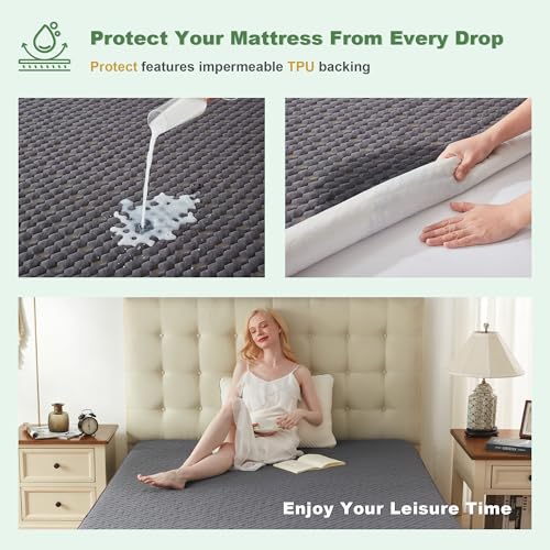 Waterproof Mattress Protector, Queen Size Mattress Pad Fitted 6"-18" Deep Pocket, 3D Air Fabric Breathable Bed Mattress Cover Noiseless Washable for Bedroom, Hotel(Carbon Gray) - Thumbnail 3
