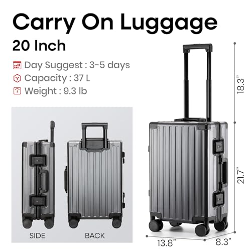 Image of 20 Inch Premium All Aluminum Carry On Luggage 22x14x9 Airline Approved Zipperless Hard Shell Suitcase with TSA Lock Silent Spinner Wheels for Business Travel,Grey