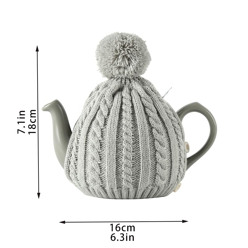 Image of One-Piece Cable Knit Teapot Cozy with Pom Pom Top, Acrylic Insulated Tea Pot Cover with 2 Button Fasteners & Lid Opening, British Style Hot Cold Insulator for 2 Cup 15-20oz Teapots,gray