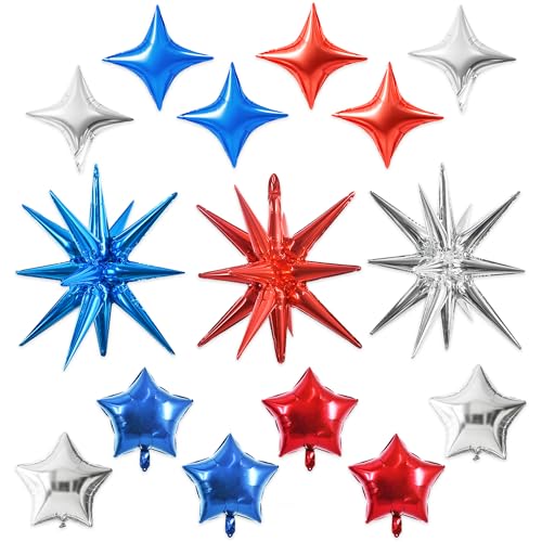 Image of TONIFUL 22Inch 15Pcs Red Blue Silver Explosion Star Balloons and 10Inch Four Pointed Star Balloons Set for Christmas New Year Birthday Wedding Bridal Shower Independence Day Anniversary Supplies