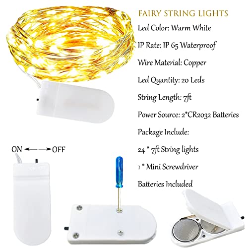 Ehwine 24 Pack Fairy Lights Battery Operated String Lights, Led Fairy Lights For Bedroom 7Ft 20 Led Battery String Lights Waterproof Firefly Lights For Diy Wedding Party Christmas Decor, Warm White #TOP1