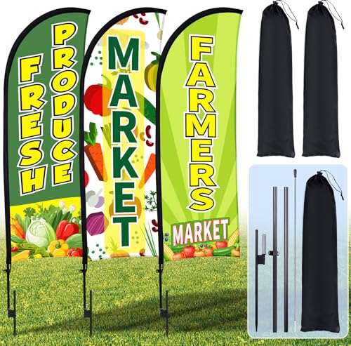 Buryeah 3 Pack 12ft Fresh Produce Farmers Market Feather Flags
