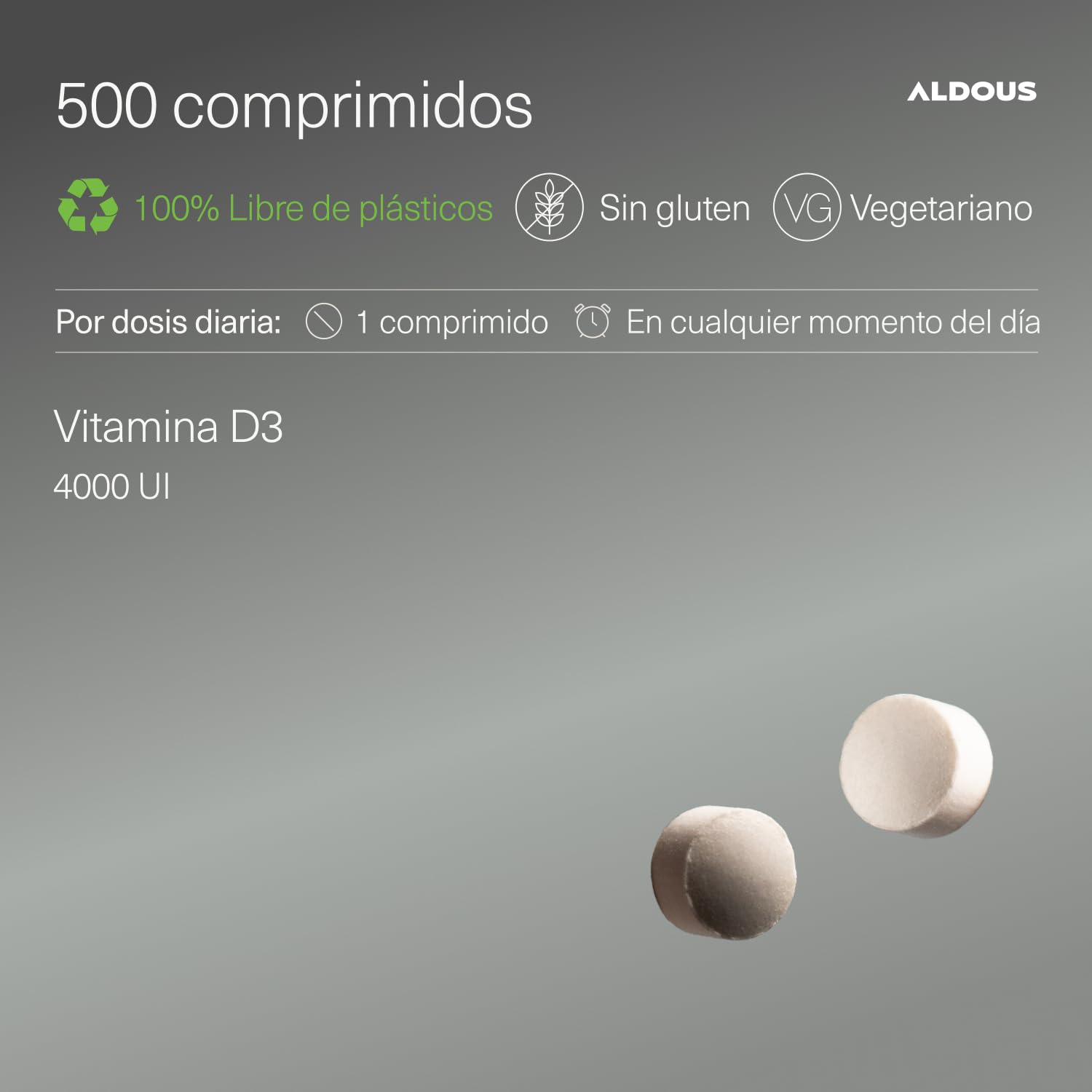 Vitamina D3 4000 UI máxima dosis - 500 comprimidos - Vitamina D Colecalciferol - Vitaminas para el sistema inmunitario y defensas - Para Músculos y Huesos - Mejora absorción Calcio - ALDOUS