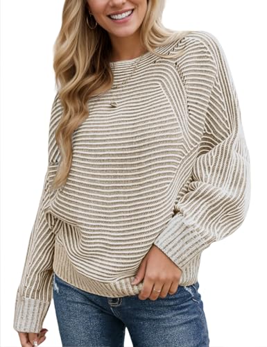 VIMPUNEC Fall Winter Sweaters for Women Knit Striped Batwing Pullover Trendy Oversized Long Sleeve Tops