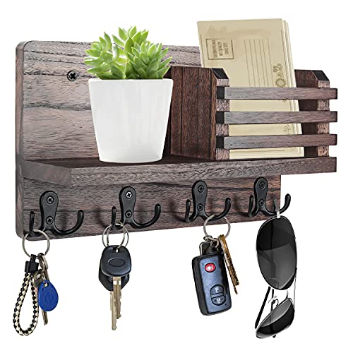 Wooden Key Holder for Wall Mail Organizer Sorter with 4 Double Hooks for Entryway, Storage, Living Room, Hallway