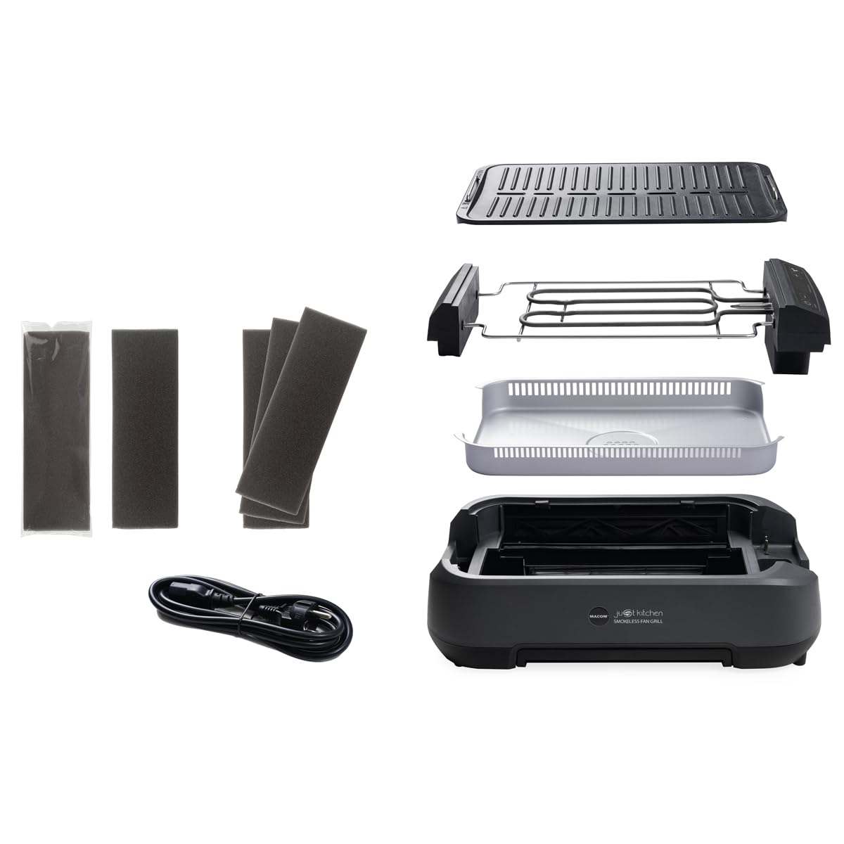 MACOM Griglia/Piastra Elettrica Con Cappa Aspirante Integrata e Doppio sistema filtrante,Indoor,Senza Fumo Senza Odori,Temperatura regolabile sino a 250°,1500W, Just Kitchen 849 Smokeless Fan Grill