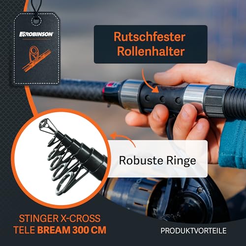 Robinson Angelrute - Teleskoprute Karbon - Kompaktes Transportmaß - Robuste Ringe - Rutschfester Rollenhalter - Leicht und widerstandsfähig - Stinger X-Cross Tele