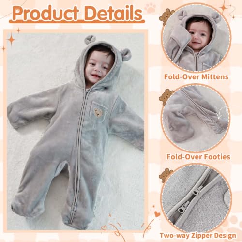 Image of Fairy Baby Newborn Baby Bear Outfit With Fold-Over Mittens Footies Thin Fleece Romper Hooded Jumpsuit Winter Coat Girls Boys