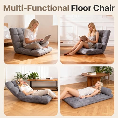 Image of HOPERAN Folding Floor Chair with Back Support, 6 Adjustable Position | Flannel Fabric, Comfy Cushion, Meditation Floor Seating, Gaming Chair Recliner for Adults & Kids, Reading, Watching