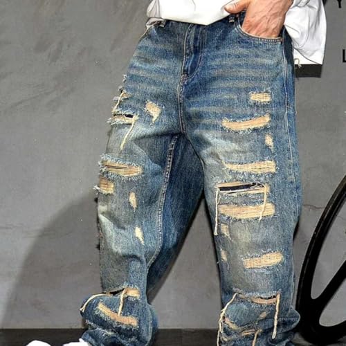 Men’S Trendy Ripped Baggy Straight Denim Pants Button Fly Distressed Streetwear Skateboard Patchwork Full Length Jeans4