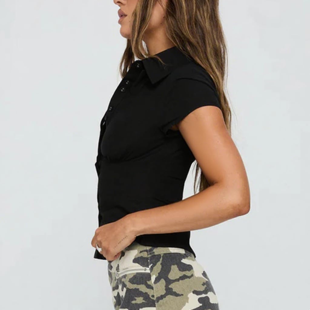 Women Y2k Short Sleeve Button Up Shirt Lapel Collar V Neck Plaid Open Front Blouse Basic Casual Going Out T-Shirt - Image 4