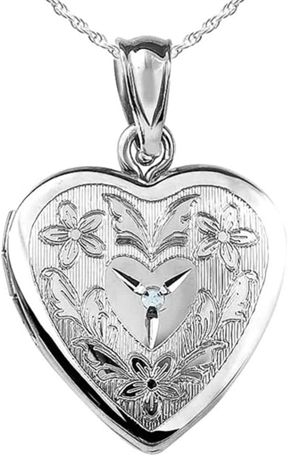 PicturesOnGold.com Sterling Silver Floral Heart Photo Locket with Diamond - 2/3 inch x 2/3 inch