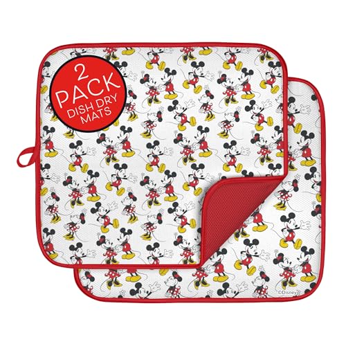 Image of Disney Mickey & Minnie Dish Drying Mat for Kitchen Counter, 2-Pack, 16 inchx18 inch | Ultra absorbent, quick-dry mesh backing, machine washable foldable pad, safe for granite and quartz, ideal for smaller spaces