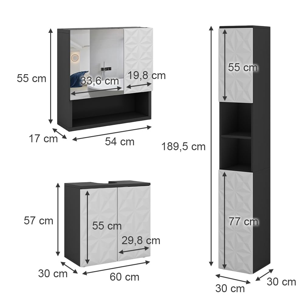 Vicco Conjunto de Muebles de baño Edge, Negro, 60 cm | compuesto por mueble bajo lavabo, espejo con armario y columna de baño
