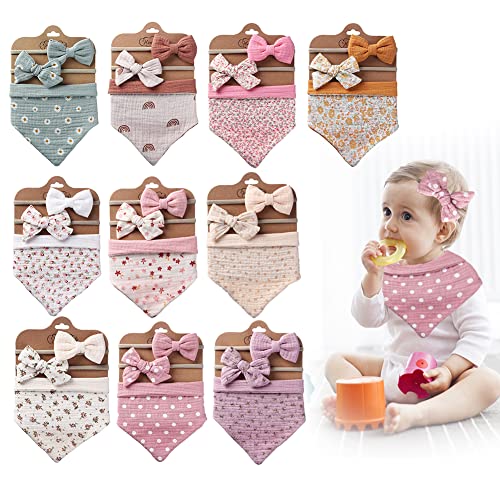 Baby Bib Bow Headband Saliva Towel Drooling Set Adjustable Cotton Gauze Lace Nylon Hairbands Teething Bib for Newborn, Type 23