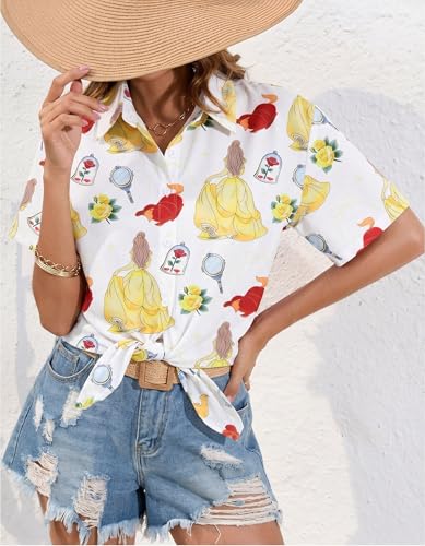 Image of ASTANFY Hawaiian Shirt Women Hawaii T-Shirt Tropical Floral Printed V Neck Shirts Soft Cool Summer Beach Button Up Blouse