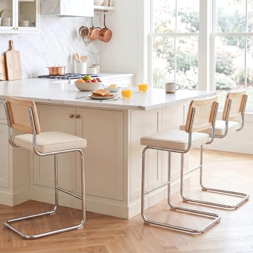 Image of Zesthouse Rattan Counter Stools Set of 3, 26'' Mid Century Modern Bar Stool, Linen Fabric Counter Height Barstool with Solid Wood Back & Natural Cane Mesh, Boho Cantilever Island Chair Beige Yellowish