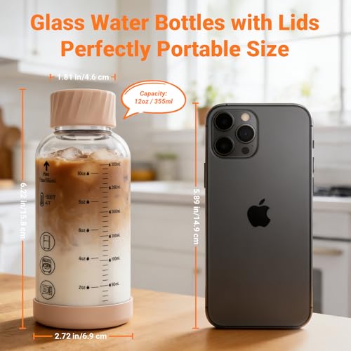 Image of Luxfuel 12 oz Glass Juice Bottles, 6 Pack Leakproof Borosilicate Glass Bottles with Measurement Marks & Stainless Steel Lids for Juicing, Smoothies - Ideal for Office Workers & Healthy Home Juicing
