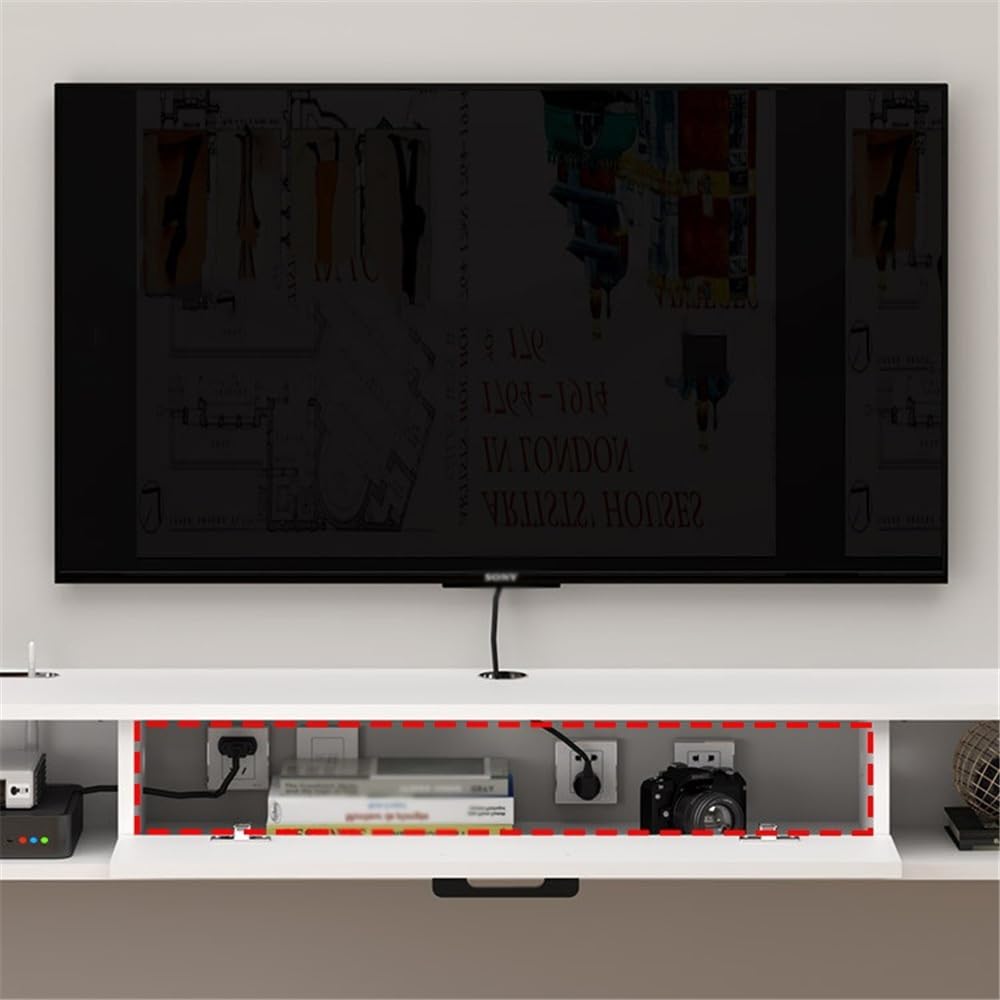 Szafka pod telewizor Wisząca szafka pod telewizor, szafka ścienna pod telewizor, nowoczesna wisząca konsola multimedialna pod telewizor z drzwiami uchylnymi i otwartymi półkami, do salonu i biura (bia