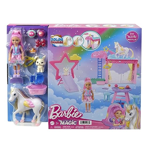 Barbie Chelsea-Puppe und Baby-Pegasus Spielset, geflügeltes Spielzeugpferd, Barbie A Touch of Magic Ein verborgener Zauber Set mit Stall… – Ansicht 6