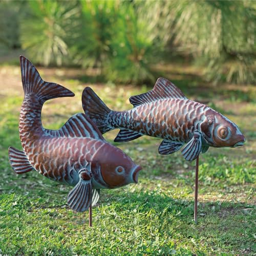 G/N Set of 2 Koi Fish Decor Outdoor Statue Sculpture Garden Pond Fishes Yard Art Antique Copper Koi Sculptures & Statues Large Metal Koi Fish Figurine Ornaments Décor Gifts for Women Mom Grandma