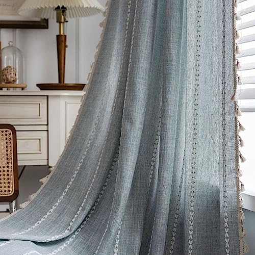 Cortinas transparentes de algodón semitransparente con bordado a rayas y pliegue fruncido 4