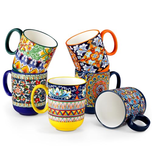 vancasso Boho Coffee Mugs Set of 6, 14 oz Ceramic Mugs with Handle, Colorful Porcelain Cups Microwave Dishwasher Safe, for Latte Tea Cappuccino Cocoa Hot Chocolate