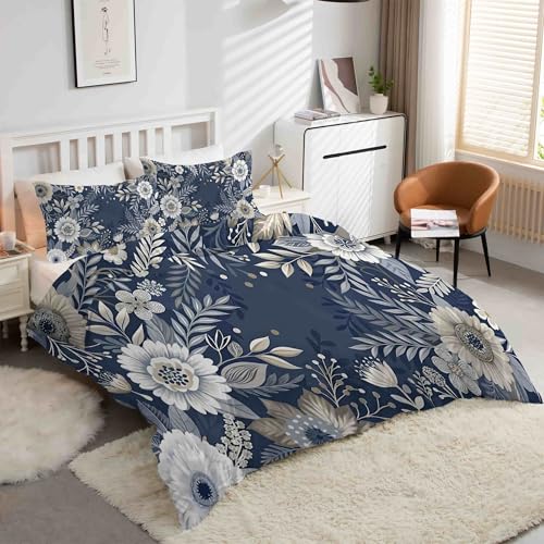 Housse de Couette 160x200 FleursBleu 3 Pièces : Parure de Lit Microfibre