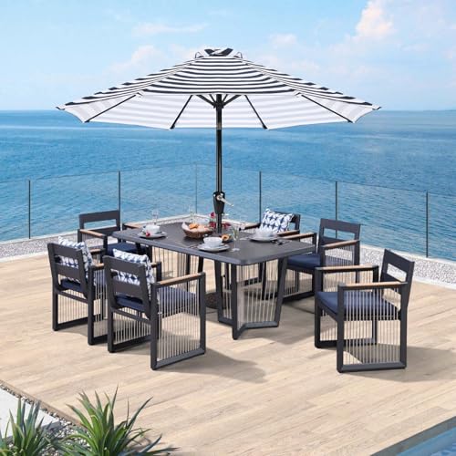 Image of ABCCANOPY 9FT Patio Umbrella Outdoor 8 Ribs Table Umbrella | Fade & UV Resistant Fabric,8 Fiberglass Ribs,Smooth Crank System,Navy Blue White,Great for Patio,Backyard,Garden,Deck