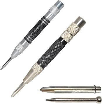 2Pcs Automatic Center Punch High Speed Steel Spring Loaded Center Punch Tool 4/6 Inch Adjustable Spring Loaded Metal Drill Tool for Metal Wood Glass Plastic with Extra Replacement Tip