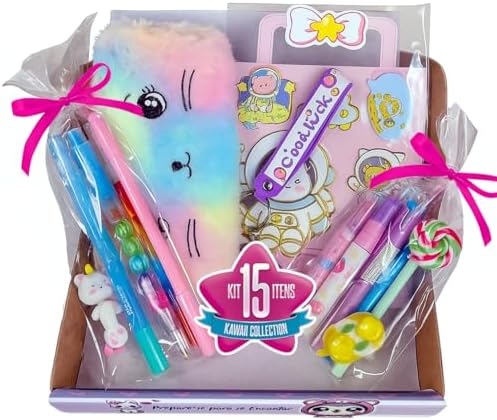 Caixa Kawaii Papelaria Fofa Kit 15 Itens Caderno A5 e Estojo com ...