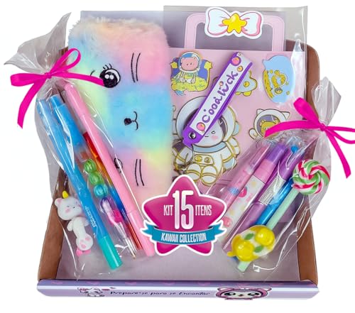 Caixa Kawaii Papelaria Fofa Kit 15 Itens e Estojo de Pelúcia com Caixa de Presente Temática Exclusiva, Presente Menina, Adolescente, Aniversário, Dia das Crianças, Natal, Volta às Aulas