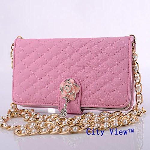 iPhone 6 Case, City View(TM) Multi-purpose Fashion Luxury Camellia Diamond PU Leather Flip Wallet Credit Card Holder Women Handbag with Shoulder Chain Purse Bag Case Cover for Iphone 6 (4.7") (B-Light Pink)