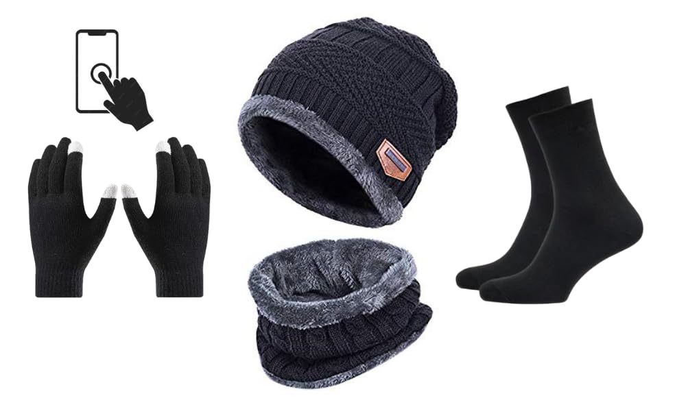 HeatSync 4-in-1 Complete Winter Combo Set for Men & Women | Woolen Beanie Cap, Warm Scarf, Touchscreen Hand Gloves & Cozy Socks | Soft, Stretchable & Thermal Protection