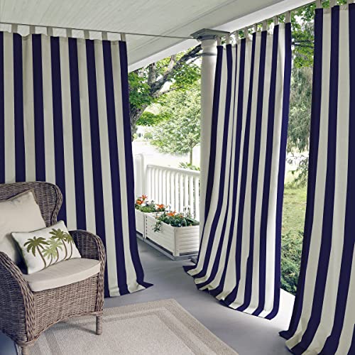 Super Cheap 🛒 Elrene Home Fashions Highland Stripe Indoor and Outdoor Tab-Top Window Curtain Panel with Adhesive Hook and Loop Fastener, 50 Inches by 108 Inches, Navy, 1 Panel