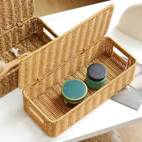 Panier de rangement en rotin avec couvercle pour ranger le bureau