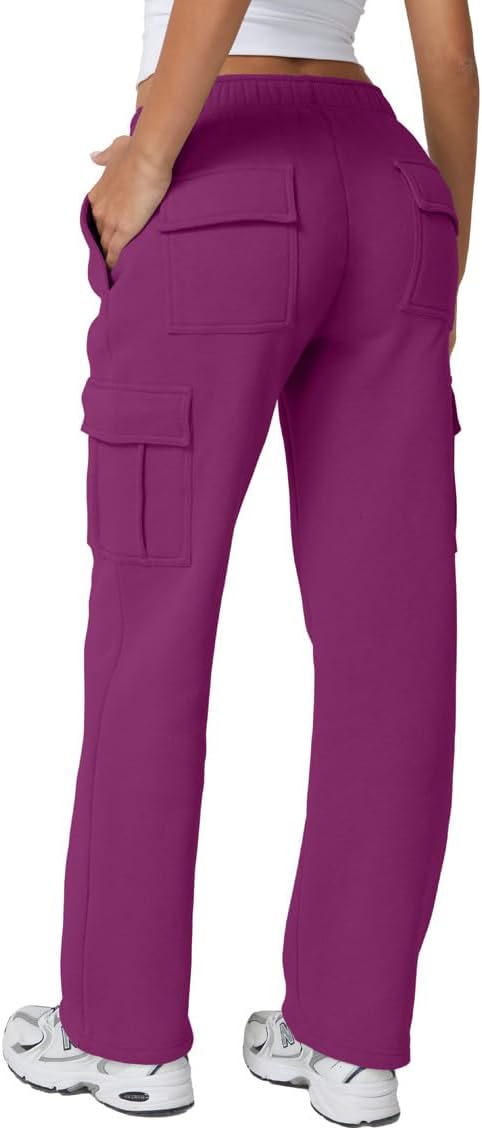 QINSEN Womens Medium Waist Baggy Elastic Waist Sweatpants Casual Fleece Long Pants with Pockets