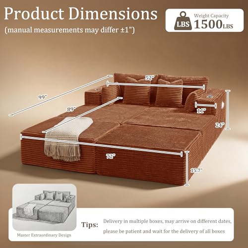 Image of 72 inch Cloud Sectional Couch, Comfort Sleep Sofa for Living Room, Extra Deep Seats No Assembly, Minimalist Modular Couch, Corduroy (Deep Orange, Extend Loveseat Chaise)