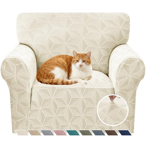 YEMYHOM 1 Piece Stretch Chair Sofa Slipcovers Couch Covers for 1 Seat, Jacquard Armchair Covers with Non-Slip Elastic Bottom, Thickened Furniture Protector for Dogs Pets kids (Small, Beige）